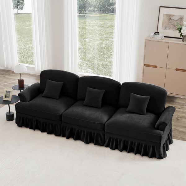 Ball & Cast Sofa Sets, 3 Sitzer Sofa mit Flared Armlehnen, Modulares Sofa mit Abnehmbarem Volant für Wohnzimmer, Schwarz, 3 Sitze