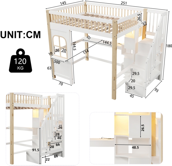 Hochbett, LED-Leuchten, Fensterform, Ablageleiter, offenes Staufach, Schreibtisch, Steckdose, ohne Matratze, Holz+MDF, Weiß+Natur, 140×200 cm Bild 8