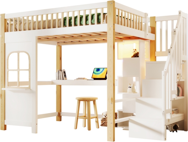 Hochbett, LED-Leuchten, Fensterform, Ablageleiter, offenes Staufach, Schreibtisch, Steckdose, ohne Matratze, Holz+MDF, Weiß+Natur, 140×200 cm Bild 9