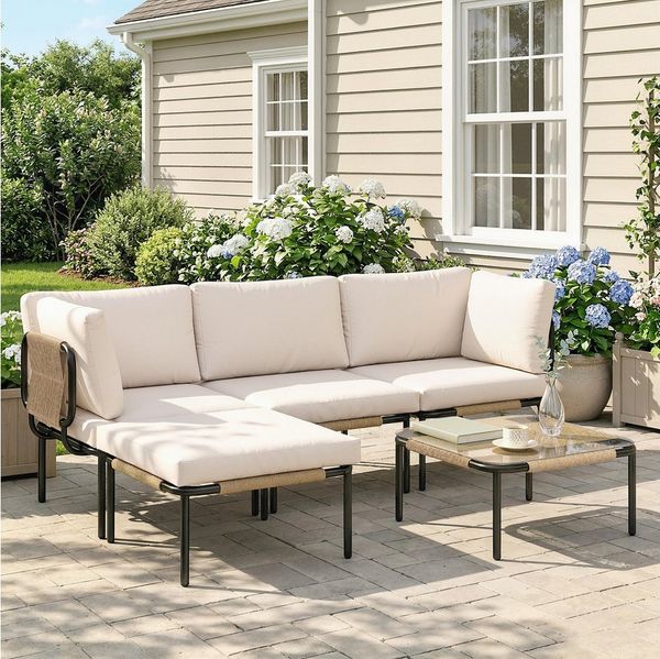 Outsunny Sitzgruppe mit 3 Sessel, Glastisch, Hocker, Breit & Tief Sitz, abnehmbar Kissen, (Lounge Set, 5-tlg, Polyrattan Gartenmöbel Set), für Garten Terrasse Khaki