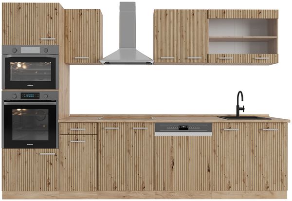 Küchenzeile R-Line Artisan-Eiche/Goldkraft Eiche 300 cm mit Hochschrank, AP Eiche Vicco