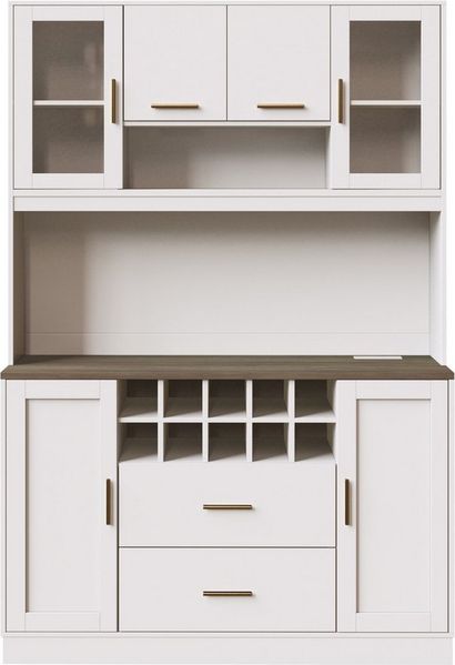 i@home Küchenbuffet Küchenhochschrank mit LED-Beleuchtung & Steckdose 6 Türen + 2 Schubladen + Weinregal, 120x36,3x180 cm, Weiß