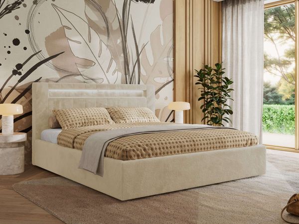 Polsterbett GOLD 5 CLASSIC 180 x 200 cm mit LED-Beleuchtung & Bettkasten, Doppelbett inkl. Lattenrost, Metall-Lift-System & Stauraum, Foam Matratze - Creme Plüsch - MIRO LUX