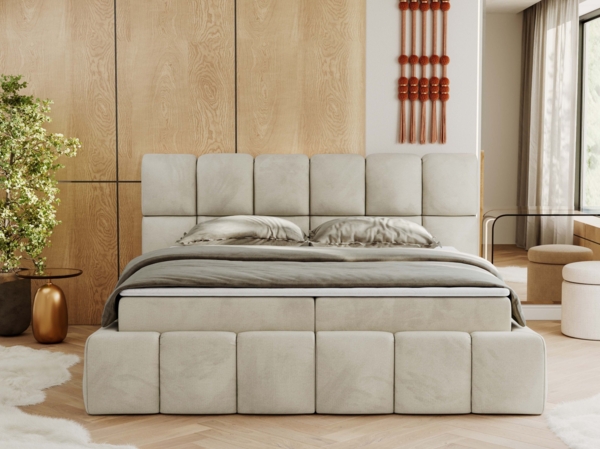 Boxspringbett mit dekorativem Kopfteil, Doppelbett mit zwei 7 Härtezonen Multipocket-Matratzen, Bettkästen, Polsterbett - NIRA - 120 x 200 cm - Beige Velours - H4 Bild 4