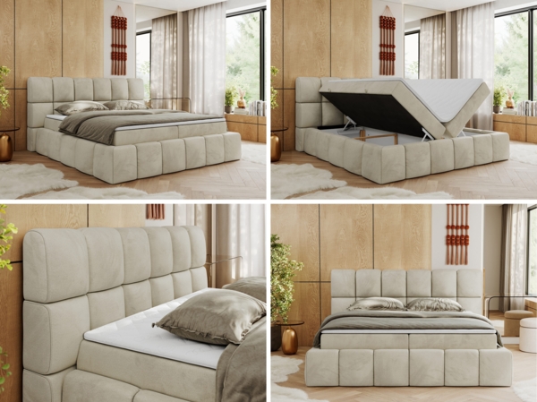 Boxspringbett mit dekorativem Kopfteil, Doppelbett mit zwei 7 Härtezonen Multipocket-Matratzen, Bettkästen, Polsterbett - NIRA - 120 x 200 cm - Beige Velours - H4 Bild 2