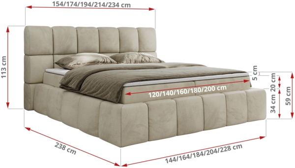Boxspringbett mit dekorativem Kopfteil, Doppelbett mit zwei 7 Härtezonen Multipocket-Matratzen, Bettkästen, Polsterbett - NIRA - 120 x 200 cm - Beige Velours - H4 Bild 6