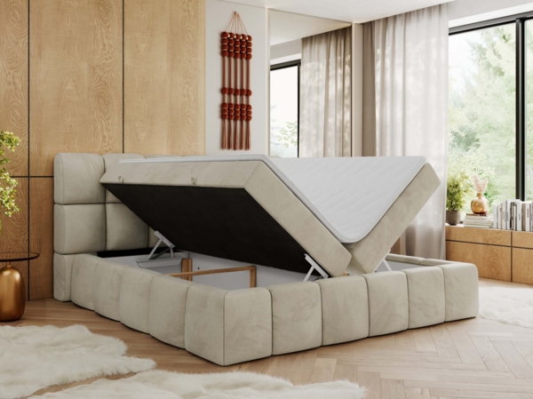 Boxspringbett mit dekorativem Kopfteil, Doppelbett mit zwei 7 Härtezonen Multipocket-Matratzen, Bettkästen, Polsterbett - NIRA - 120 x 200 cm - Beige Velours - H4 Bild 3