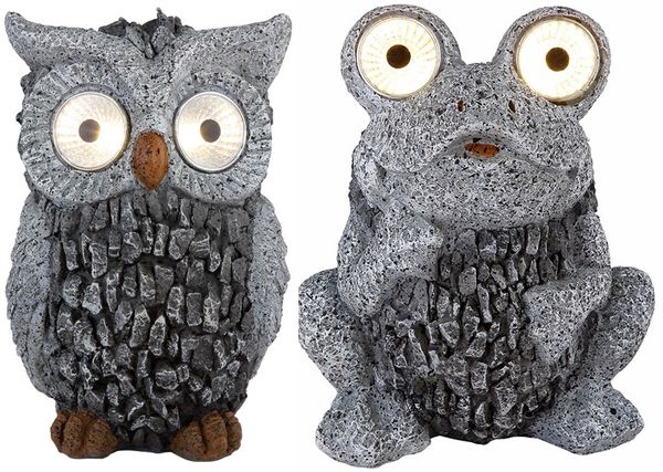 2x LED Außenleuchte, Eule Frosch, Grau, Dämmerungssensor