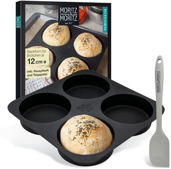 Moritz & Moritz Silikonform Moritz & Moritz Backform Brot Burger inklusieve Beckheft und Teigschab, (Set 3-tlg), Für Brot, Burger Buns und XXL Muffins