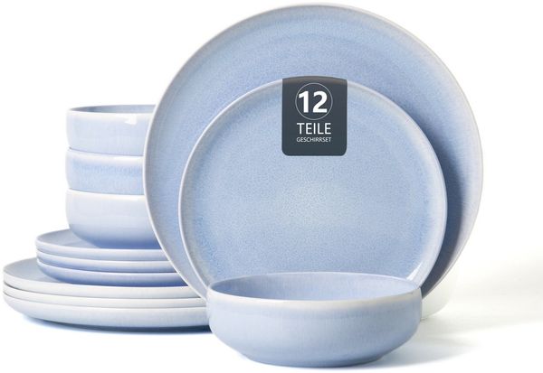 OTTO home Geschirr-Set Flett, mit Reaktivglasur (12-tlg), 4 Personen, Porzellan, Teller Set, spülmaschinenfest und mikrowellengeeignet