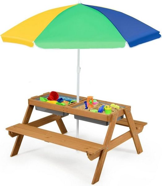 KOMFOTTEU Kindersitzgruppe mit Sonnenschirm, aus Holz für Garten und Terrasse