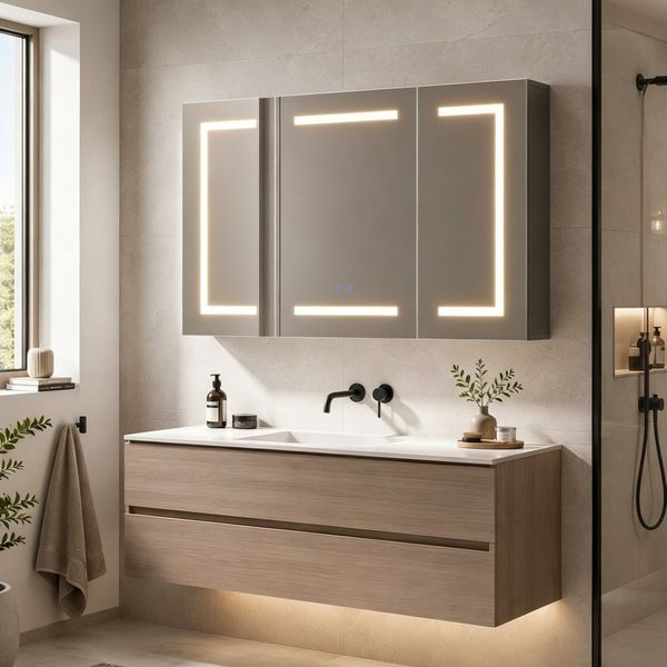 Simurq Spiegelschrank Badezimmerspiegelschrank 3 türig Hängeschrank mit LED Beleuchtung (3 Farbtemperaturen Dimmbar) Badspiegelschrank 100 x 13,5 x 60 cm mit Steckdosen, Anti-Fog