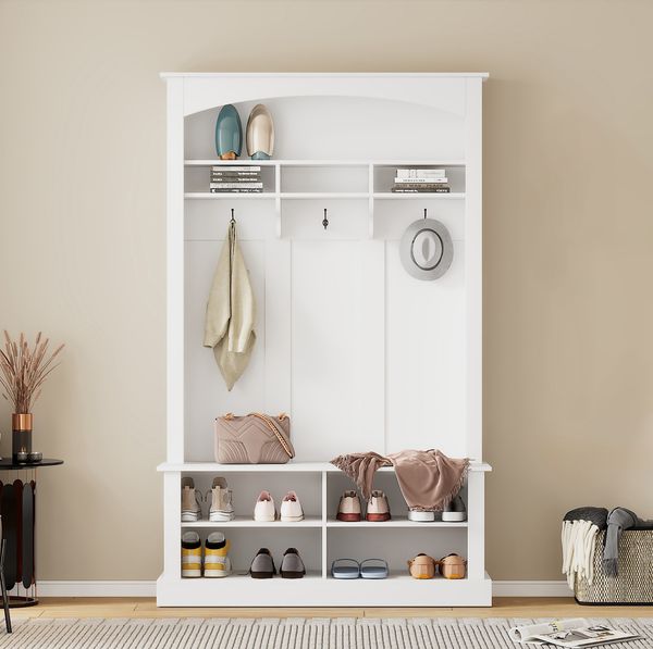 Moderne Flursitzbank mit Schuhschrank und Garderobenfunktion in Weiß 190cm Höhe 120cm Breite Praktische Sitzbank mit verstellbaren Einlegeböden và Ablageflächen Stabile Eingangsbank für Diele và Flurbereich Mit Kippsicherung Hochwertige Spanplatte, 190...