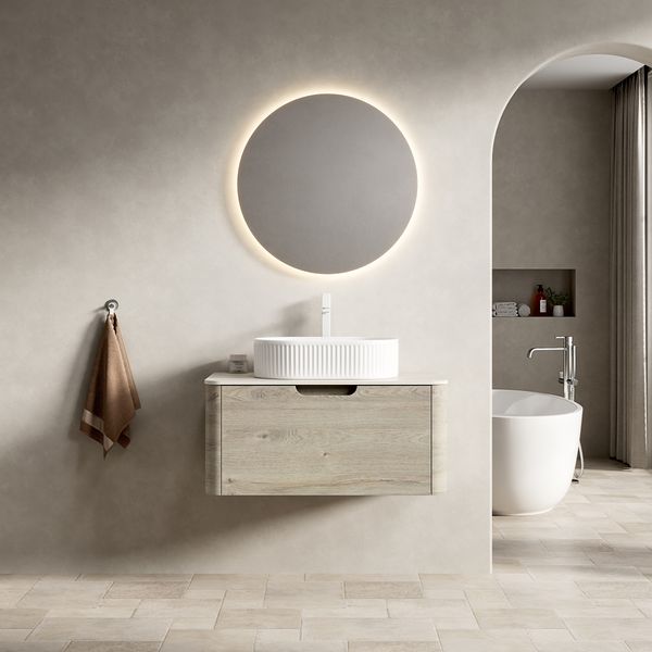 Badezimmer-Waschtisch, Schwebend Weißes Ovales Waschbecken Travertin-Sintersteinplatte gebogene Kanten Sperrholzschrank mit Schublade vormontiert, Sperrholz+Stein, Eiche creme Holzmaserung, 80 cm