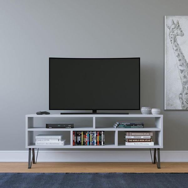 Hanah Home Stylish White TV Stand, 120 x 25 x 46.6 cm | 100% Melamine Coated Particle Board, 18 mm Thick | Wall-Mountable with Multiple Shelves, Modern Design