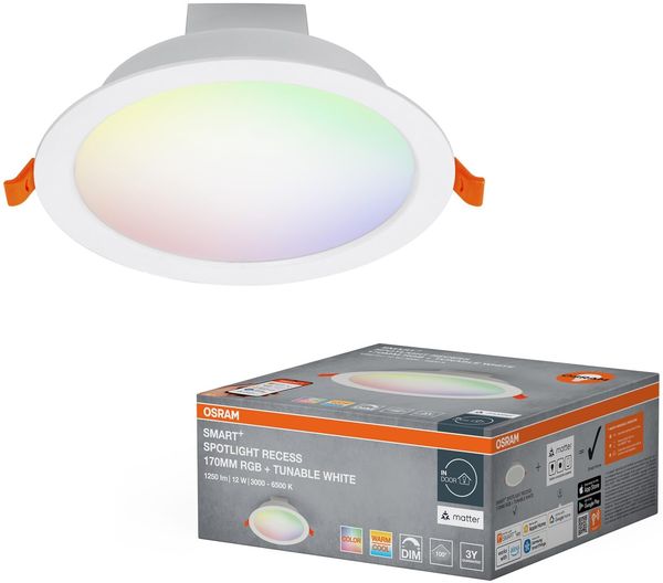 Osram SMART+ Matter Recess LED Downlight Weiß 170mm, 12W, 1200lm, RGB+TW 3000-6500K, WiFi, Alexa, 110°, Einbau