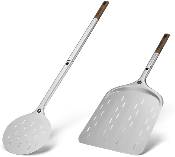 BURNHARD® Pizzaschieber & Pizzawender Set, Aluminium-Schaufel & Akazienholz-Griff, mit Steckmechanismus, temperaturbeständig für Pizzaofen – 72,2 cm x 29 cm x 1,6 cm / 95 cm x 18 cm x 1,6 cm - Silber - #945602