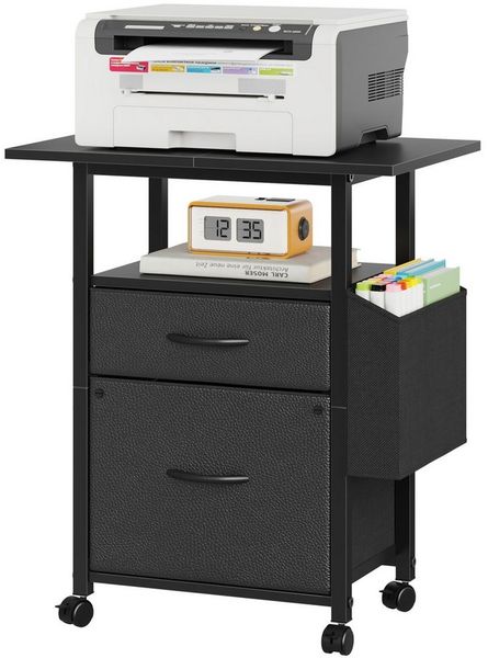 OYRREU Druckertisch mit Seitentasche & Ablage, 60 cm Platte, 2 Schubladen, rollbar (Mobiler Aktenschrank mit Rollen 1-St, Kommode Holzoptik & Metallrahmen), Höhe 65cm, Mehrzweck, Büroschrank für Dokumente und Akten