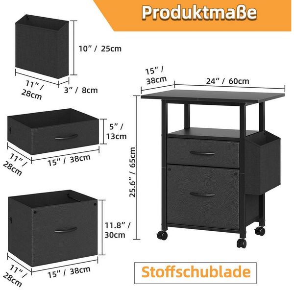 OYRREU Druckertisch mit Seitentasche & Ablage, 60 cm Platte, 2 Schubladen, rollbar (Mobiler Aktenschrank mit Rollen 1-St, Kommode Holzoptik & Metallrahmen), Höhe 65cm, Mehrzweck, Büroschrank für Dokumente und Akten