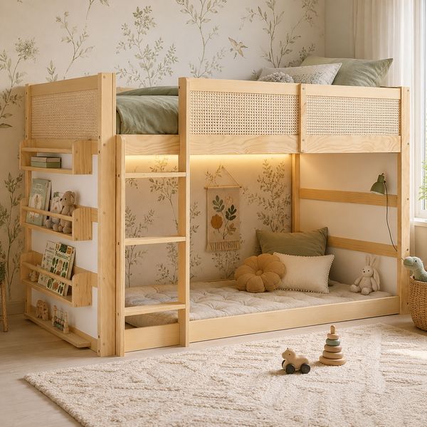 Hochbett, Etagenbett, Kinderbett, Dreistufige Treppe, mit Ablage und LED-Lichtleiste, Umzäunung an allen Seiten, Kiefer+MDF+Kunstgeflecht, Natur+Weiß, 90x200 cm