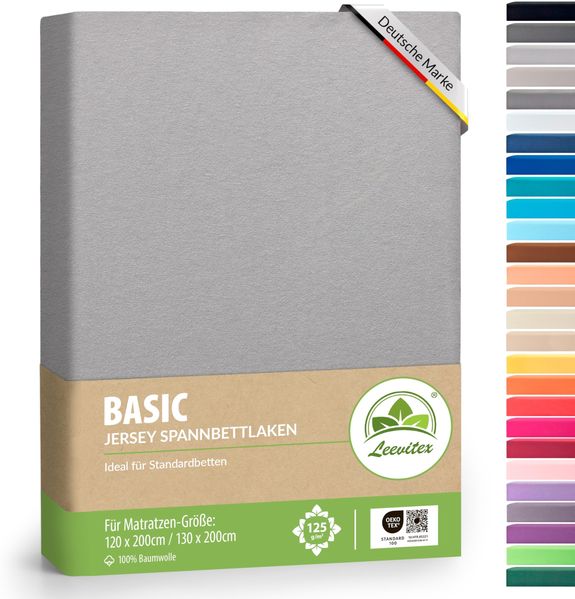 leevitex® Spannbettlaken 120x200 cm - 130x200 cm | Spannbetttuch Bettlaken | 100% Jersey Baumwolle | Matratzenhöhe bis 25 cm | Ökotex | Grau