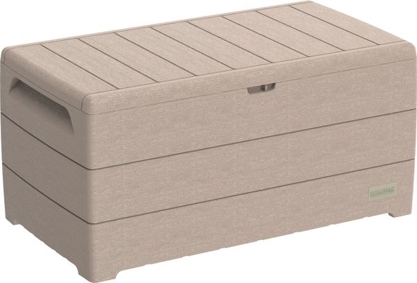 Duramax Cedargrain Durabox 416L Kissenbox aus Kunststoff, Für den Außenbereich, Aufbewahrungsbox, Deckbox und Garten-Organizer, Abschließbare Kunststoff-Kissenbox mit Gasflasche und seitlichen