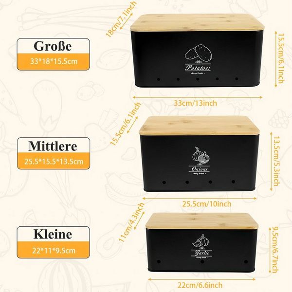 SURFOU Aufbewahrungsbox Kartoffel Aufbewahrungsbox Vorratsdose 3er Set Küche Aufbewahrung (mit Bambusdeckel), für Kartoffeln Zwiebeln & Knoblauch Hält Länger Frisch