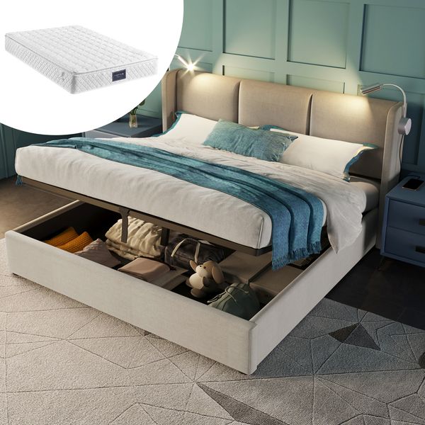 Polsterbett, Leinen mit Stauraum, Leselicht & USB-Anschluss, 160x200 cm, Beige, mit Matratze