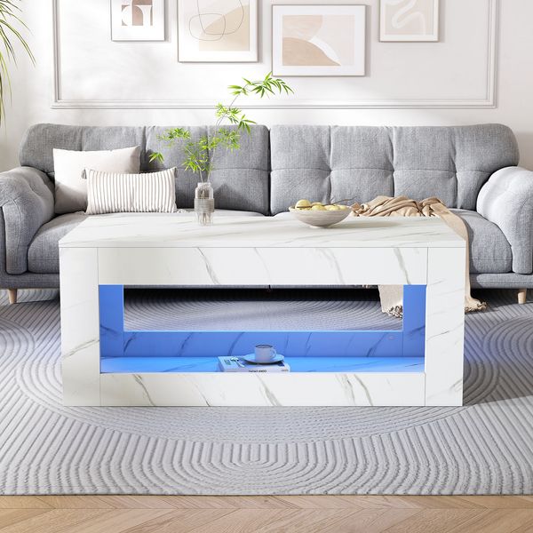 Couchtisch B 100 x T 50 x H 50 cm, Hochglanz in Weiß mit Marmordruck, LED-Beleuchtung und offenem Stauraum
