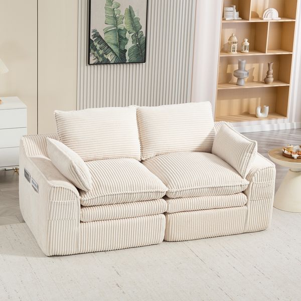 Sofa 2-Sitzer 191 x 94 x 85 cm in Beige, Cordbezug mit 3-Lagen-Schaumstoff, Federkern und Seitentaschen