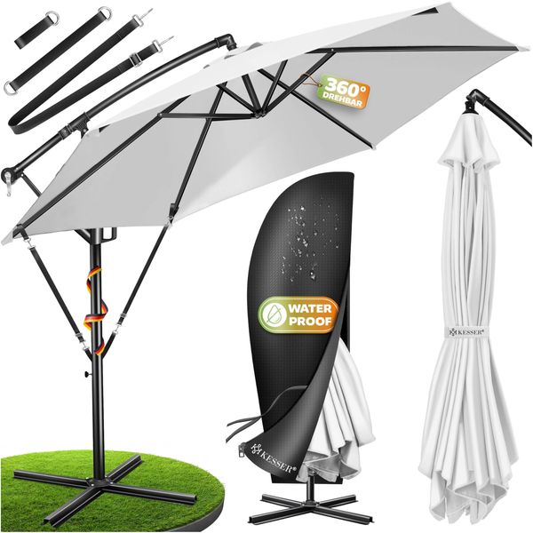 KESSER® Alu Ampelschirm Sonnenschirm + Abdeckung Ø300 cm / Ø350 cm mit Kurbelvorrichtung Kurbelschirm mit Ständer UV-Schutz Aluminium Wasserabweisende Bespannung - Schirm Gartenschirm Marktschirm 300cm, Weiß