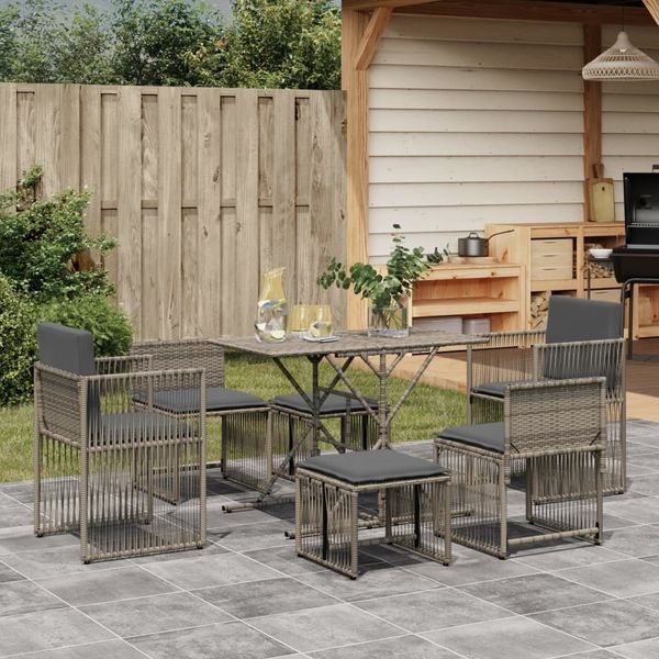 vidaXL 7-tlg. Garten-Essgruppe mit Kissen Grau Poly Rattan 369011