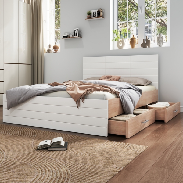 Bett 140x200 cm mit Stauraum und zwei Schubladen – Weiß/Light Oak, stabile Massivholz-Konstruktion