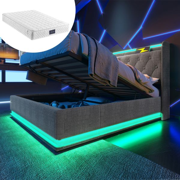 Polsterbett Leinen mit LED, USB-Anschluss & Stauraum, 140x200 cm, Grau, mit Matratze