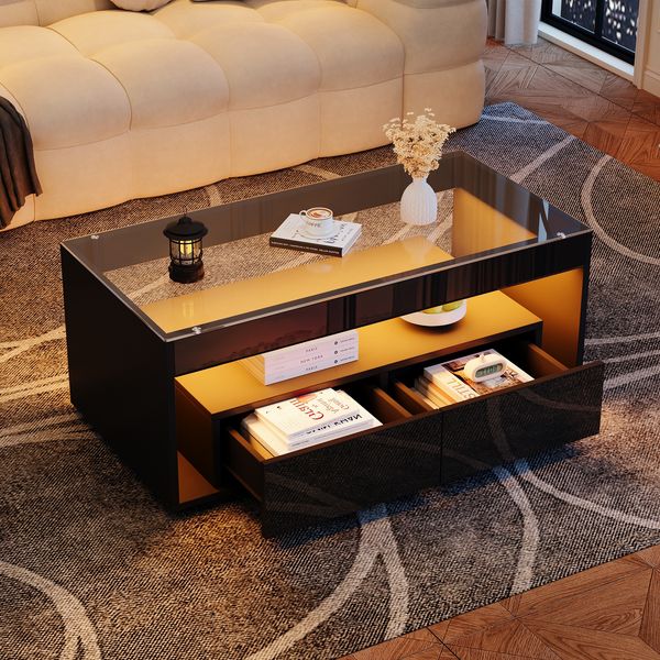 LED Couchtisch Schwarz 100×50×40 cm, Hochglanz Wohnzimmertisch mit Glasplatte, 2 Schubladen, Beleuchtung 16 Farben