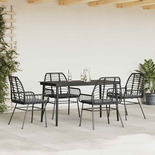 vidaXL 5-tlg. Garten-Essgruppe mit Kissen Schwarz Poly Rattan Glas 3334452