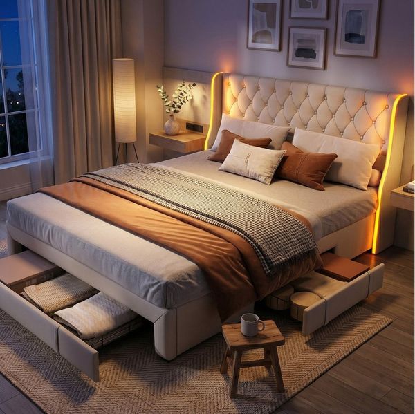 zebery Stauraumbett Polsterbett Doppelbett Mit LED-Leuchten (Packung, 1-tlg, Jugendbett), 160x200 cm,Mit 3 Schubladen,Kopfteil und Bettgestell,Samt,Beige