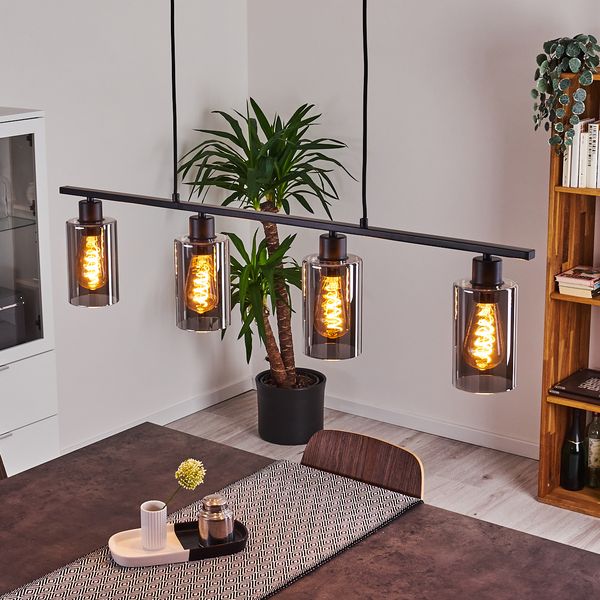 »Bovo« Deckenlampe aus Metall schwarz, Zimmerlampe mit Rauchglasschirmen 4-flammig, 4 x E27 max. 60 Watt, für LED Leuchtmittel geeignet
