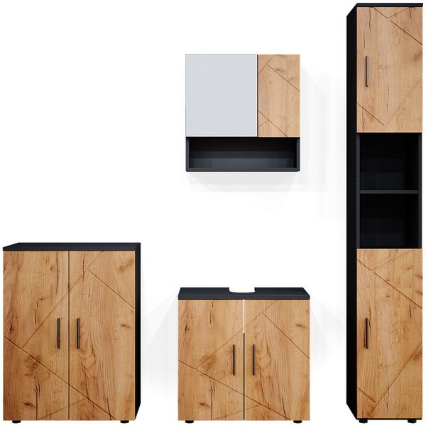 Badmöbel-Set Irma Goldkraft Eiche/Anthrazit 4 Teile, mit Hochschrank und Kommode Vicco