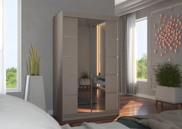 MOEBLO Schiebetürenschrank GRUNI 120 (mit Spiegel - Kleiderschrank 120 cm breit, moderner Schlafzimmerschrank in Weiß oder Kaschmir, mit Kleiderstange und Einlegeböden Schwebetürenschrank 2-türig Schrank Garderobe Schiebtüren Schlafzimmer Wohnzimmersch...