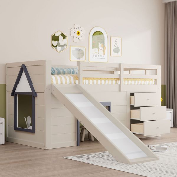 Hochbett 90x200 cm aus Holzmaterial und MDF mit Rutsche, 3 Schubladen und Stauraum, Creme, ohne Matratze