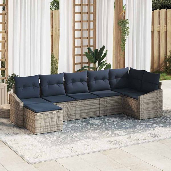 vidaXL Garten-Sofa-Set 7 pcs Grau und Marineblau Poly-Rattan 3355484