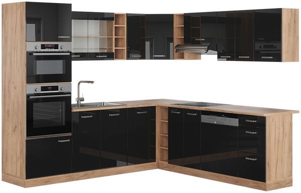 Eckküche R-Line Schwarz Hochglanz/Goldkraft Eiche 247 x 60 cm , AP Eiche Vicco