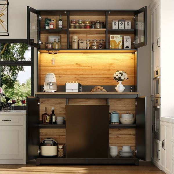 STILVORA Hochschrank mit LED&Abfallfach,Küchenschrank Aufbewahrungsschrank mit Acryltüren (mit LED-Beleuchtung, großzügiger Stauraum, App-gesteuert, 1-St, 120*40*180cm(L x B x H) mit LED-Beleuchtung und Acryltüren