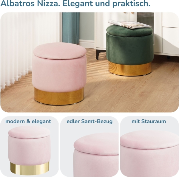 Albatros Hocker mit Stauraum Nizza Sitzhocker mit Stauraum, Modernes Design, Edler Samt-Bezug Sitztruhe Sitzbank mit Stauraum  optimal als Fußhocker Hocker Schminktisch, Rosa Bild 2