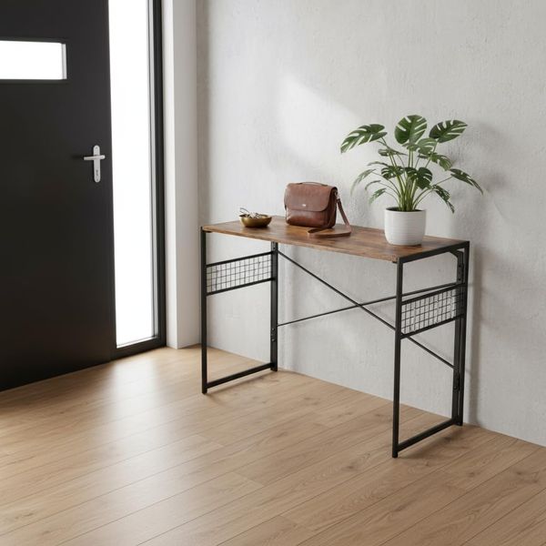 FurnitureR Moderner Konsolentisch für den Flur, 100 x 50 x 72 cm, Vintage-Holzoptik & Metallrahmen, Flurmöbel Set, Schmaler Schreibtisch mit Haken