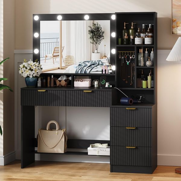 JUMMICO 114cm Großer Schminktisch mit großem Spiegel und LED-Leuchten, Schminktisch mit 5 Schubladen, 7 offene Regale, 7 Häkchen, Kosmetiktisch für Mädchen, Frauen und Schlafzimmer, Obsidianschwarz
