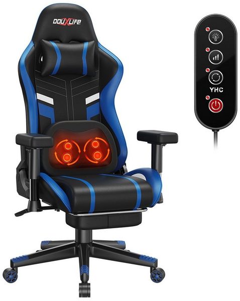 Insma Gaming-Stuhl Ergonomisch Bürostühle mit Knet-&Heizmassage, Wippfunktion bis zu 175°, Computer-Stuhl mit Lenden- & Kopfkissen, 181kg Belastbarkeit