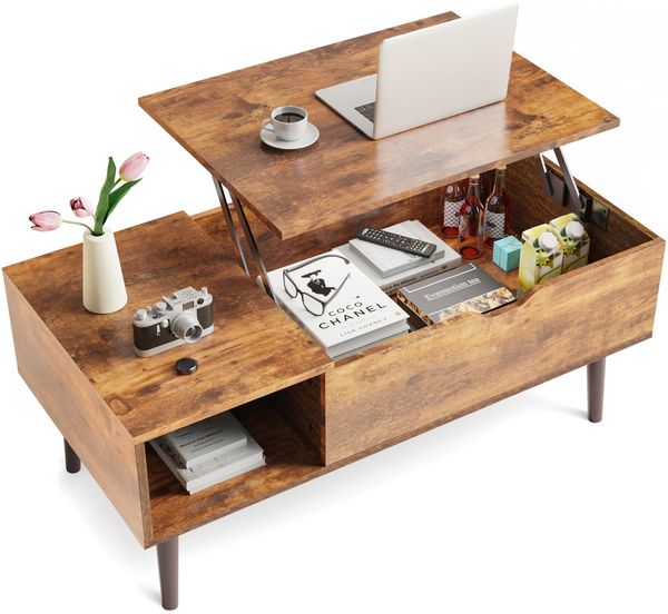 Sweetcrispy Couchtische, Lift Top Couchtische für Wohnzimmer, kleine aufsteigende hölzerne Mitte Tische mit versteckten Storage Compartment, Rostbraun