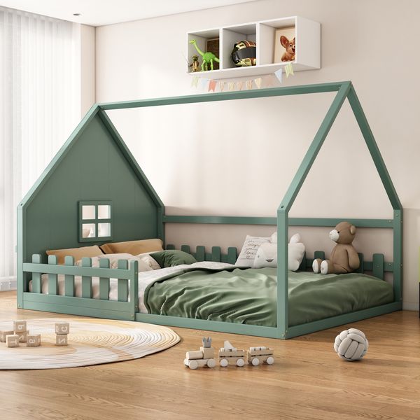 Kinderbett 140x200 cm Hausform aus Kiefernholz & MDF mit Geländer (Rausfallschutz), kindgerechtes Design, Grün